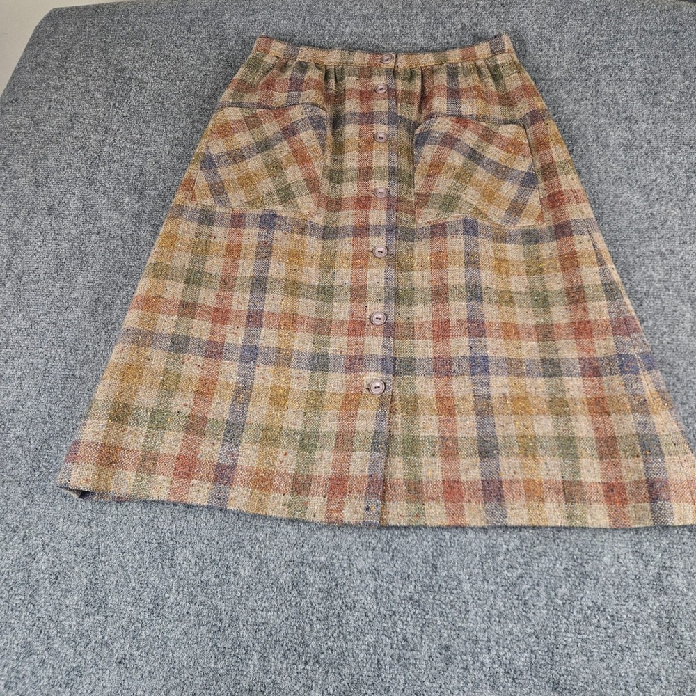 Brendella Vintage 100% Wool Plaid Button Front Midi Skirt Brown Tan Blue Green